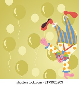 Clown Standing Upside Down On One Hand And Holding Balloon With Other. Comedian With Glasses And Colorful Wig Making Amusement. Man Celebrating Birthday.