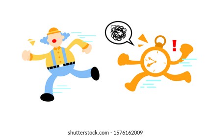clown stress out for clock time deadline schedule cartoon doodle vector illustration flat design style