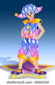 clown in a suit and cap with a decorative pattern from rhombuses on a blue background with star