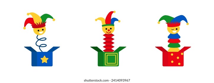 Juguete de payaso en juego de caja. Divertido arlequín colorido sorpresa en primavera por regalo humorístico y fiesta con sombrero vector payaso