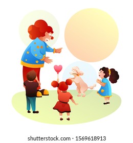 Clown and trained doggy perform for happy kids. Cheerful children watch funny dogs tricks. Friendly circus comedian actor in bright costume, cute nose surrounded by girls and boys. Vector illustration