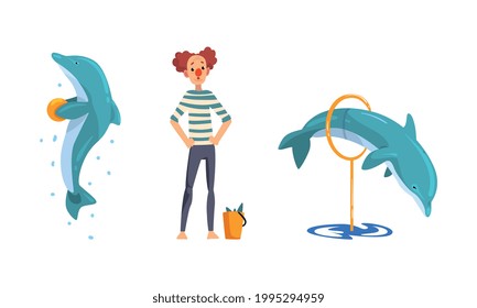 Clown Training Dolphins in Dolphinarium or Oceanarium Cartoon Vector Illustration