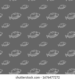 Clown trigger fish seamless pattern. Hand drawing sketch. White outline on grey background. Vector illustration can be used in greeting cards, posters, flyers, banners, logo, further design etc. EPS10