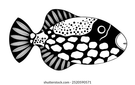 Palhaço triggerfish ilustração em preto e branco. Peixe tropical isolado