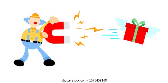 clown use magnet for gift box cartoon doodle vector illustration flat design style