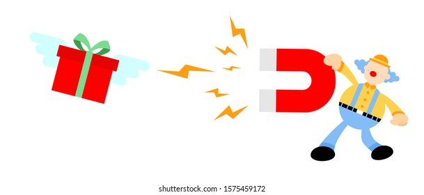 clown use magnet for gift box cartoon doodle vector illustration flat design style