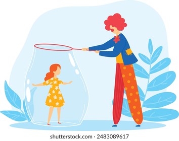 Clown using bubble wand create large bubble around happy child, entertainment scene. Girl enclosed soap smiling, playful activity outdoors. Circus performer costume making giant young kid, joyful