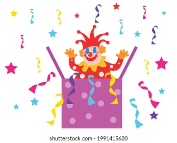 Clown vector concept. Cheerful birthday clown coming out from a gift box with confetti