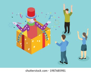 Clown vector concept. Funny clown jumping out of the gift box with confetti while giving surprise to group of people at birthday party