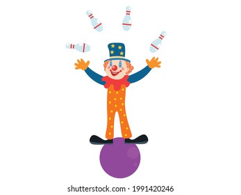 Clown vector concept. Clown riding a ball while doing juggling, isolated on white background