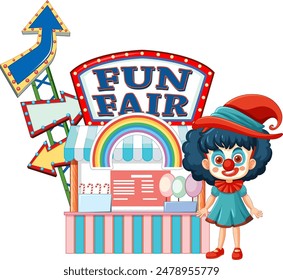 Clown at a vibrant fun fair booth