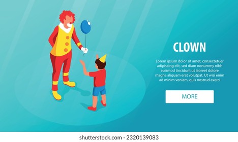 Clown wearing colorful costume and wig giving blue balloon to little boy isometric horizontal website banner vector illustration