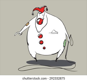 The clown with a whip, in a cap and with a red nose orders to someone to make a trick.