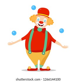 Clown, clown in a wig and hat juggles with blue balls. Cartoon illustration of a clown.