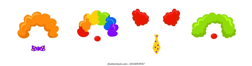 Clown wigs template. Fun rainbow hair with round red noses for festive carnival and circus with happy moments of fun vector parties