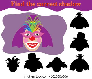 Clown woman. Find the correct shadow. Kid’s game.