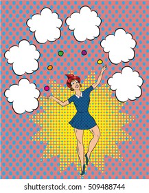 Clown woman juggler playing with balls. Vector illustration in pop art retro comic style. Speech bubbles.