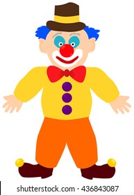 Clown in yellow shirt, brown hat with yellow stripe, orange trousers, with brown boots with pompons