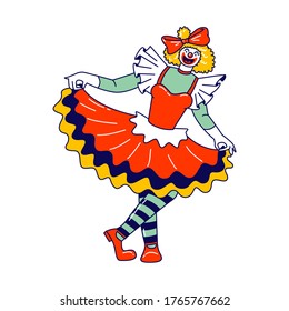 Carácter de flor, Payaso Femenino en el Gran Circo Superior. Chica bromista sonriente con cara loca, vestida con vestimenta y medias a rayas sonríe. Jester Performer, Circus Show Jester Entertainer. Ilustración de vectores lineales