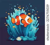 Clownfish in anemone. Underwater fish and sea creatures in natural habitat. Flat vector illustration concept