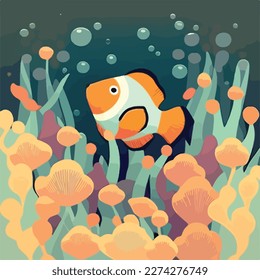 Clownfish in anemone. Underwater fish and sea creatures in natural habitat. Flat vector illustration concept