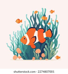 Clownfish in anemone. Underwater fish and sea creatures in natural habitat. Flat vector illustration concept