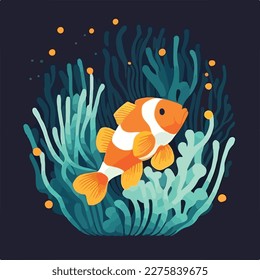 Clownfish in anemone. Underwater fish and sea creatures in natural habitat. Flat vector illustration concept