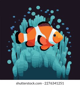 Clownfish in anemone. Underwater fish and sea creatures in natural habitat. Flat vector illustration concept