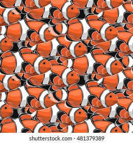 Clownfish - Anemonefish - tropical coral fish. Vector seamless pattern