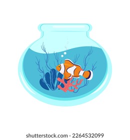 Clownfish in an aquarium with corals and algae, vector illustration of an aquarium in a flat style. Print for clothes.