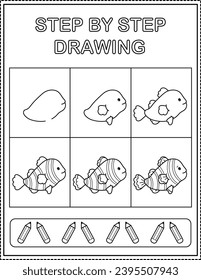 Clownfish. Book page, drawing step by step. Black and white vector coloring page.