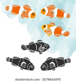 Clownfish. Colored and black silhouettes. Vector isolated elements for design. Perfect for menu decoration, invitation, card, poster and as a design element.