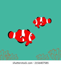 Clownfish with corals on turquoise background. Minimal style. Vector illustration.