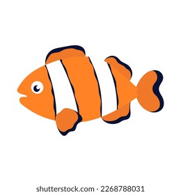 clownfish isolated on white background, funny aquatic character orange fish in flat style, cartoon vector illustration