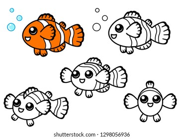 clownfish line color cartoon for kids, vector coloring book illustration isolated on white.