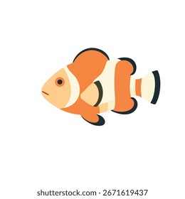 pez payaso, Vector plano minimalista, paleta de tres colores de naranja suave, blanquecino y negro apagado para rayas, forma de pez simple, detalle mínimo, aislado en un fondo blanco sólido