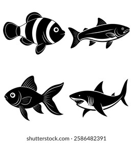 Clownfish, Salmon, Goldfish, and Shark Diverse Fish Silhouettes