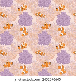 Clownfish and Sea anemones, Mushroom Discosoma , sea life, vector seamless pattern. 