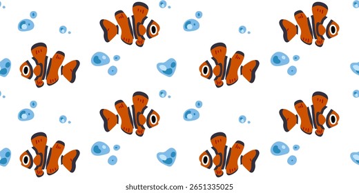 Clownfish Seamless Ocean Pattern Design. Cute cartoon clownfish and water bubbles on a white seamless background. Flat style, bright playful colors, marine and child-friendly design.