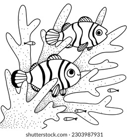 Clownfish swimming in the sea between corals. Underwater scene with cute fish character design. Coloring page for kids. Black and white, easy to print vector illustration.