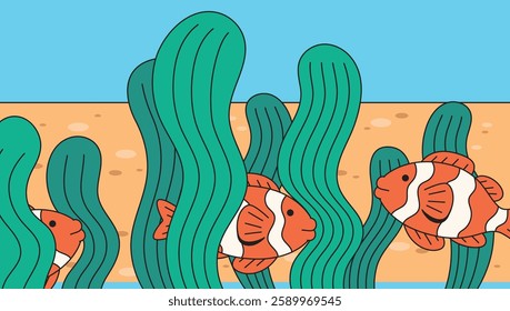 Clownfish swimming through aquatic plants in a vibrant underwater setting scene cartoon vector hand drawn