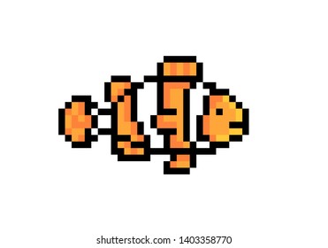 Clownfish/anemonefish old school 8 bit pixel art character icon isolated on white background. Pet fish symbol. Pet shop logotype.