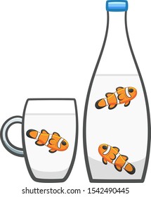 Clownfishes in bottle and mug with mineral water