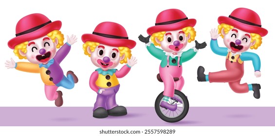 Clowns birthday characters clipart set. Birthday clown character in standing, jumping, bicycle and waving character comedian collection. Vector illustration party buffoon clip art. 
