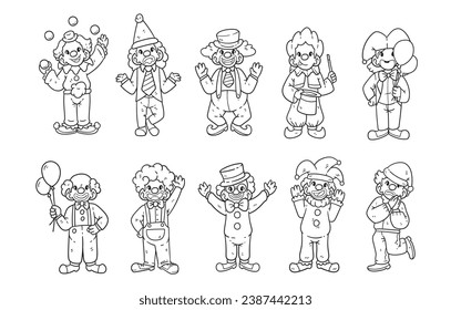 Clowns character with a hand-drawn outline sketch illustration set