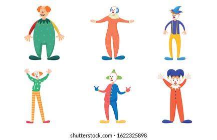 Clowns in colorful costumes during show vector illustration
