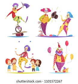 Clowns design concept with performer on unicycle, tricks with hares, juggler, show with balloons isolated vector illustration