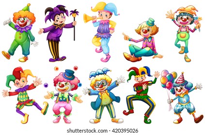 Clowns in different costumes illustration