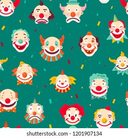Clowns entertaining people emotions of man seamless pattern on green background.