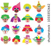 Clowns faces, icons, big set. Vector illustration. 